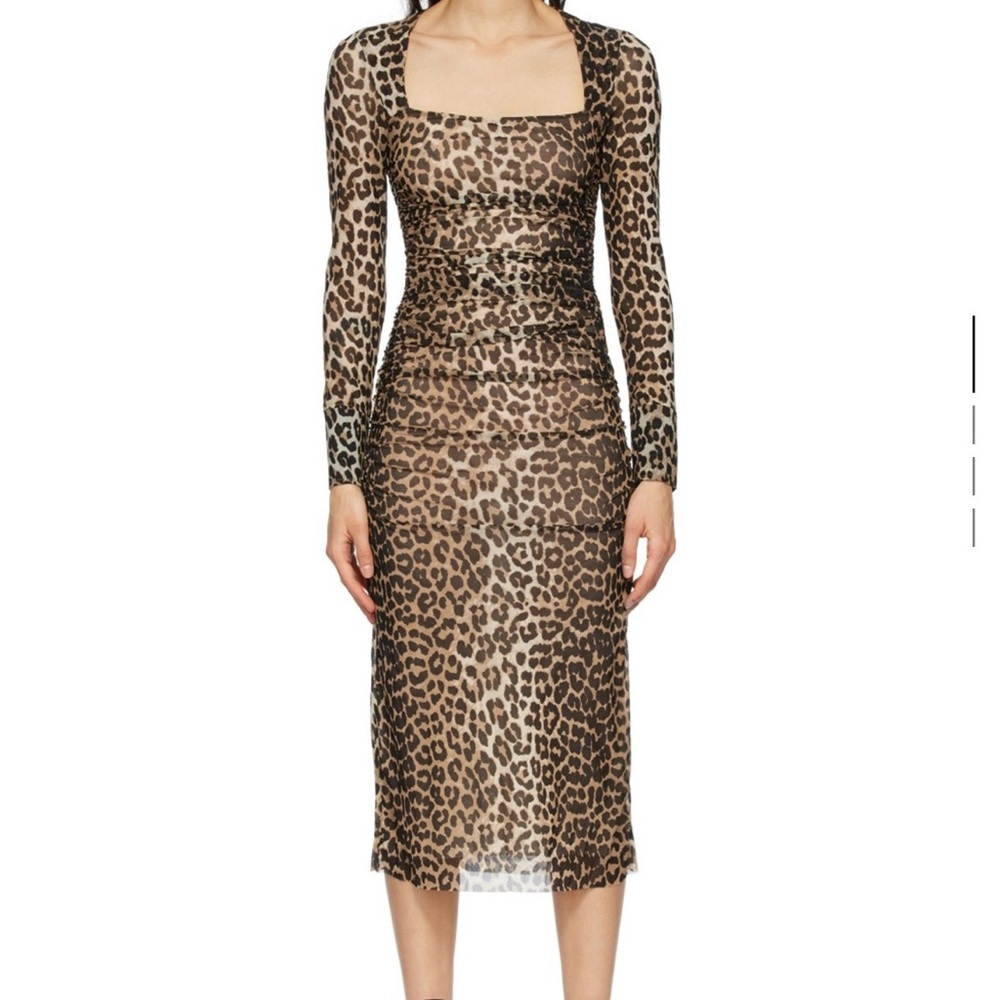 Ganni Leopard Print Long-Sleeve Midi Dress - Brown